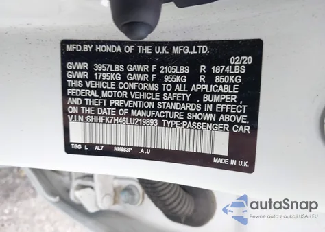 2020 Honda Civic Sport from USA, damaged, VIN SHHFK7H46LU219893